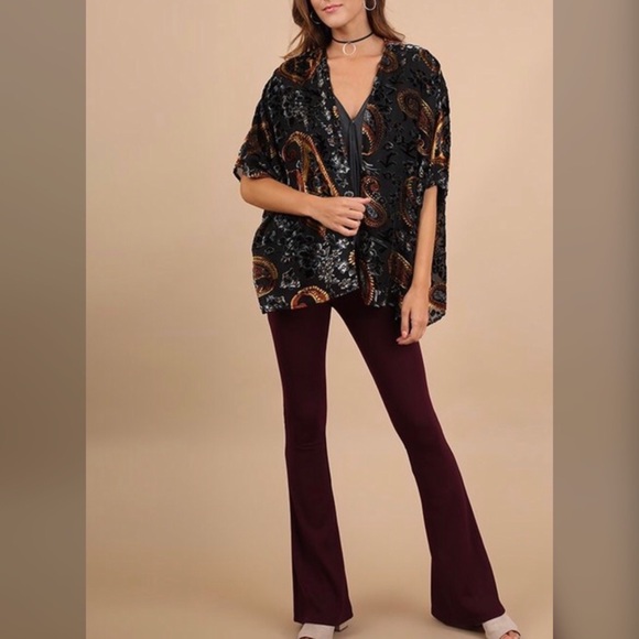 Black Velvet Burnout Open Front Kimono - Picture 2 of 4